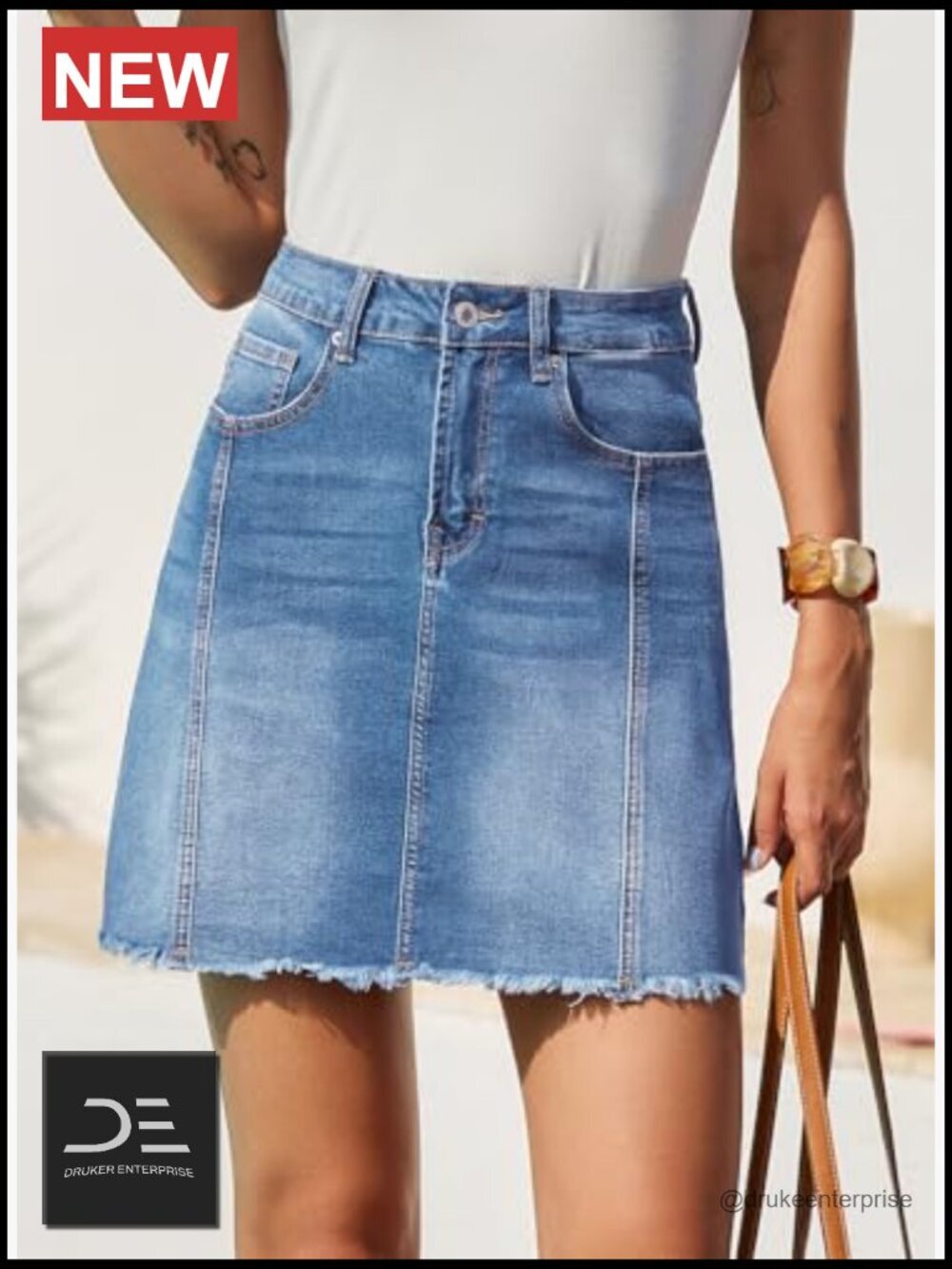 Stretch High Waist Raw Hem Zip Fly Denim Skirt - Picture 6 of 7